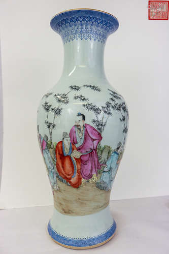 A QIANLONG MARK FAMILLE ROSE 'ZHULINQIXIAN'VASE