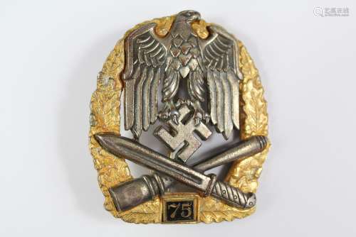 A Rare German WWII Era 75 General Assault Badge, awarded for 75 engagements, hook and pin assembly, approx 55 x 50 mm