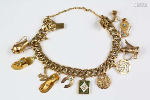 A Middle Eastern 14ct Yellow Gold Charm Bracelet, approx 12- 14 ct gold charms including Quran, Ewer, Sandal, Horseshoe amongst others etc, approx 45 gms