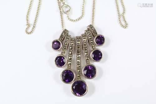 A Vintage Silver and Amethyst and Marcasite Pendant Necklace