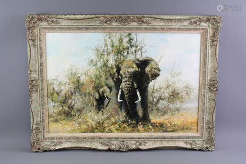 Tony Forrest Wildlife Artist - Original Oil on Canvas 'Elephant and Calf'; signed lower right, approx 76 x 50 cms, framed