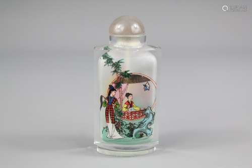 A Chinese Scent Bottle and Stopper, painted with figures in a garden setting, approx 8