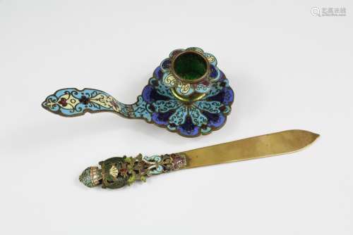 A Cloisonne Bronze and Enamel Chamber Light, together with an antique Cloisonne paper-knife, approx 14 cms and 19 cms respectively