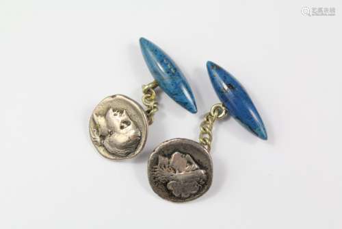A Pair of Gentleman's Silver Coin Lapis Lazuli Cufflinks
