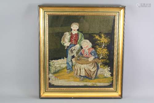 A 19th Century French Embroidery: the embroidery depicting two travelers a young boy, a pet monkey sitting next to a lady playing a musical instrument with a distance marker for Paris on a corner stone, approx 45 x 45 cms, framed and glazed