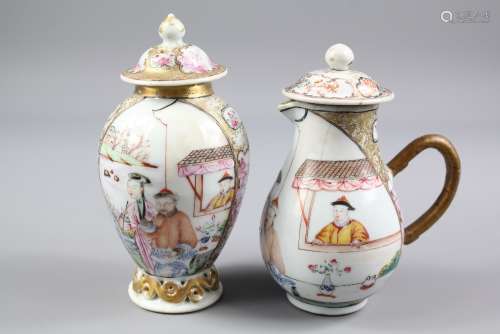 Antique Chinese Porcelain Ginger Jar and Cover, hand painted with figures in a garden setting, approx 14 cms h, together with a matching teapot with bamboo wrapped handles approx 12 cms h
