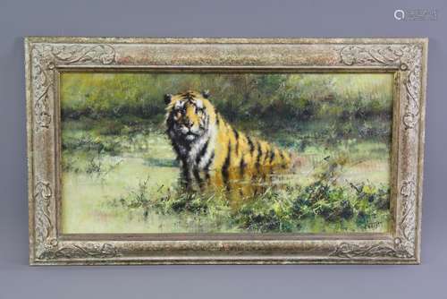 Tony Forrest Wildlife Artist - Original Oil on Canvas 'Tiger' signed lower right, approx 25 x 50 cms, framed