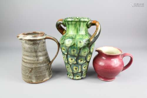 David K Studio Pottery Vase, green-glaze with swept handles, approx 22 cms, with two pottery jugs