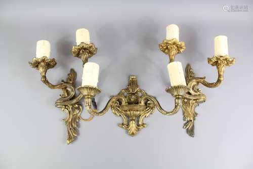 Three Italian Style Brass Wall Sconces; the two-branch sconces approx 30 cms h, wall attachment approx 19 cms h