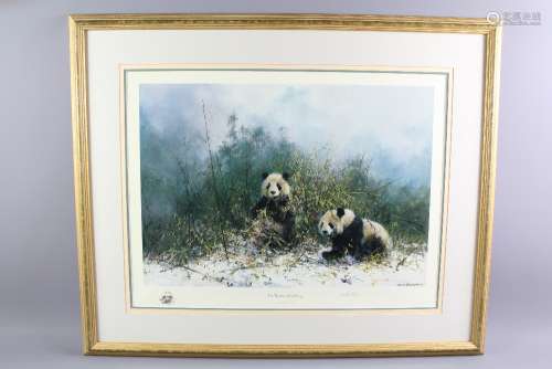 David Shepherd Wildlife Artist CBE, OBE, FGRA, FRSA Print entitled 'Pandas of Wolong' nr 1308/1500, signed in the margin, with publishers blind stamp, approx 68 x 50 cms, framed and glazed