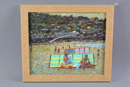 Paul Stephens Oil on Board Beach Scene: the painting depicts people on the beach at twilight 
