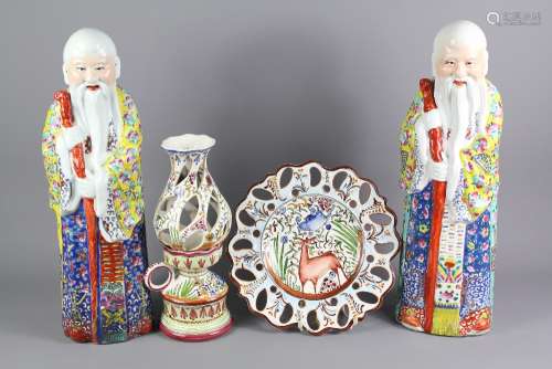 A Collection of Pottery: the pottery lot comprises two Chinese Sage figures with walking sticks, approx 44 cms high, together with a two-piece Portuguese table lamp with label beneath Sec