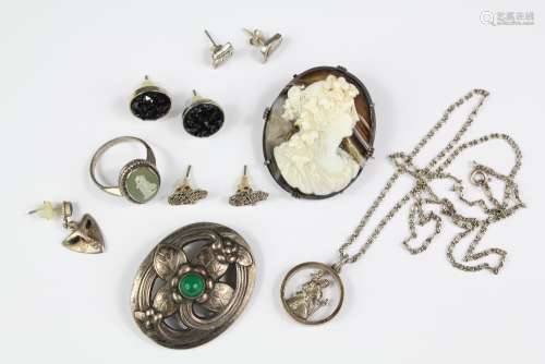 Miscellaneous Silver Jewellery, including a Georg Jensen sterling silver floral brooch nr 138 GJ D, banded agate cameo, St Christopher pendant, two pairs of ear studs