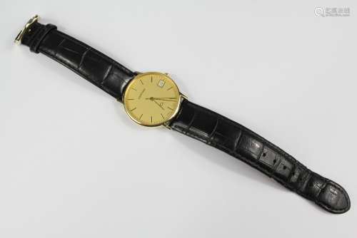 A Gentleman's Certina 9ct Gold Wrist-watch; the watch on crocodile strap and having a gold face with baton dial and date aperture approx 30mm , weight with movement 26 gms