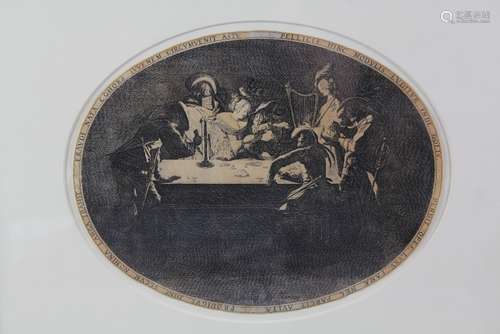 Jacques Callot (1592 - 1635) Oval Etching, label to verso reads: 'Le Brelan' (L596) 1628, in the second final state, approx 27 x 21 cms, glazed and framed, the etching depicts a night scene lit by candlelight of figures playing cards, the prodigal son deceived by a gang of thieves