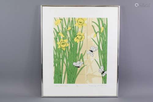 Terence Warren '79 Print of Daffodils and Butterflies; the print nrd 48/150 depicting three white butterflies amidst daffodils, signed on the mount, approx 28 x 35 cms, glazed and framed