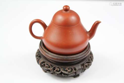 Antique Chinese Yizing Clay Teapot, on rosewood stand, approx 5 cms h x 8 cms w cms