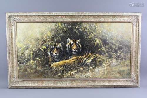 Tony Forrest Wildlife Artist - Original Oil on Canvas of Two Tigers, signed lower right, approx 99 w x 49 h cms