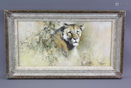 Tony Forrest Wildlife Artist - Original Oil on Canvas 'Lioness' signed lower right; approx 25 x 50 cms, framed