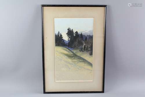 Oscar Droege Original Woodcut in Colour, signed in the margin, framed and glazed, approx 25 x 41 cms