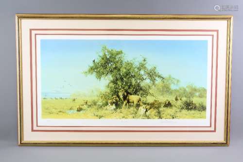 David Shepherd Wildlife Artist CBE, OBE, FGRA, FRSA Screen Print entitled 'Africa'  nr 131/350, signed in the margin, approx 90 w x 46 h cms, framed and glazed, minor fading