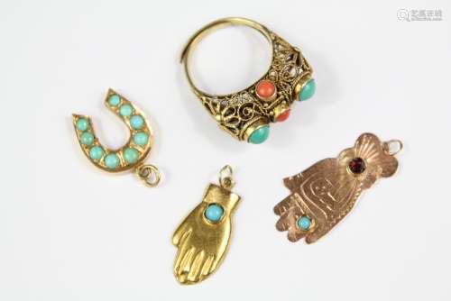 Miscellaneous Gold Jewellery, including two 12/14ct Gold Middle Eastern hand pendants set with turquoise, 18ct gold horse-shoe pendant set with turquoise and an antique 12/14 ct turquoise and coral filigree wire ring size P, approx 7 gms