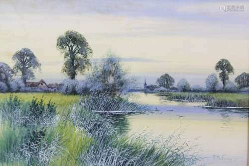 Francis Gordon Fraser (1879-1940) Watercolour entitled 'Fenlands' , signed lower right, approx 55 w x 35 h cms, framed and glazed