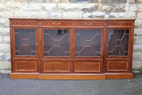 A Large Sheraton-Style Sideboard, with decorative foliate inlay, two central drawers with two glazed cupboards beneath and flanked by two more, approx 240 w x 39 d x 115 h cms