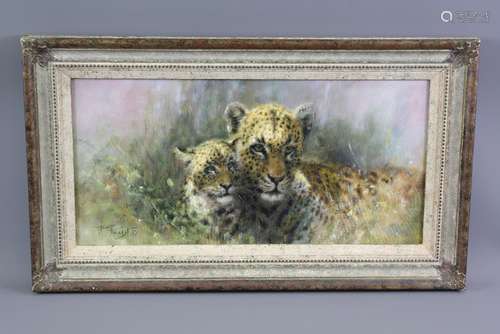 Tony Forrest Wildlife Artist - Original Oil on Canvas 'Leopard and Cub' signed lower right, approx 25 x 50 cms, framed