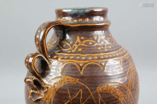 A Large Brown Glazed Harvest Jug, hand decorated with heads of wheat, approx 40 cms h