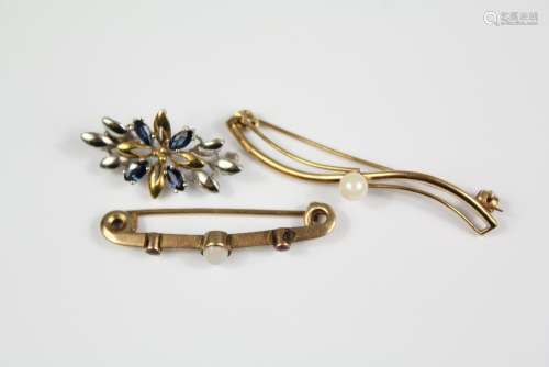 9ct Yellow, White Gold and Sapphire Pin Brooch (four marquise sapphires 4 x 2 mm) brooch is 30 x 15 mm, together with a 9ct yellow gold pin brooch and an antique opal and garnet yellow gold brooch, approx 6