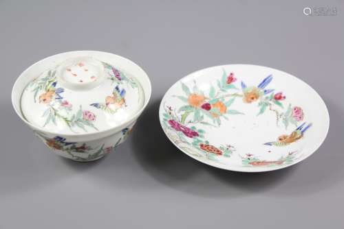 Antique Chinese Porcelain Trio, this lot includes a bowl and cover with saucer, hand painted with birds, Chinese character marks to base