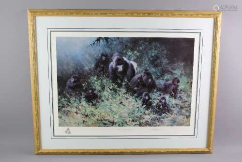 David Shepherd Wildlife Artist CBE, OBE, FGRA, FRSA Print, entitled 'Mountain Gorillas of Rwanda', nr 1407/1500, signed in the margin, with publishers blind stamp, approx 73 w x 53 h cms