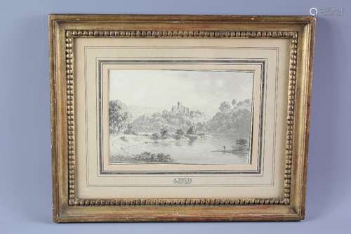 Anthony Devis (1729-1817)  A Pencil and Wash, depicting a castle ruin with a fly fisherman, approx 20 x 13