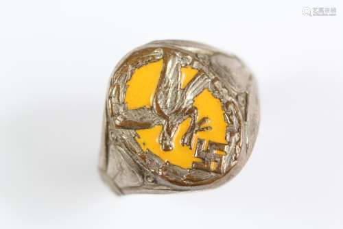 A German WWII Era Nazi White Metal and Yellow Enamel Ring, size S