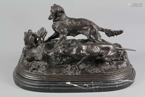 After Pierre Jules Mene (French 1810-1879) Bronze Study after the original entitled 'Chasse a le Perdrix', approx 45 l x 25 h cms, signed P J Mene, depicting a pointer and setter flushing out partridge, raised on an oval black marble plinth