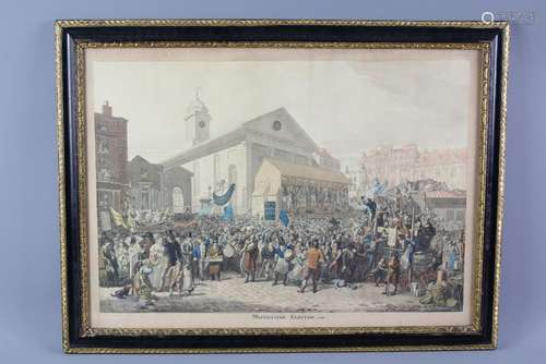 George Scharf Snr (1877-1860) Colour Etching entitled 'Westminster Election 1818' label to verso reads: George Scharfe's own copy, the title written in his hand, purchased at the sale of his son Sir George Scharf KCB effects, approx 44 x 30 cms, glazed and framed