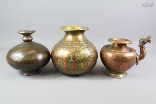 Three 18th and 19th Century Indian Lota; one with a zoo-form spout, approx 18, 14 and 13 cms respectively