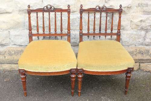 A Pair of Antique Fruit Wood Bedroom Chairs, upholstered in yellow velour