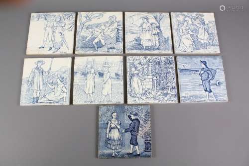 Nine Josiah Wedgwood & Sons Blue and White Tiles; the tiles depicting scenes relating to the seasons of the year