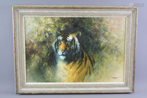 Tony Forrest Wildlife Artist - Original Oil on Canvas 'Tiger', signed lower right, approx 76 x 50 cms, framed