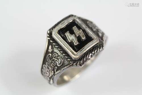 A German WWII Era Nazi SS Silver Ring, the ring stamped 800 / 900 and SS, size Y