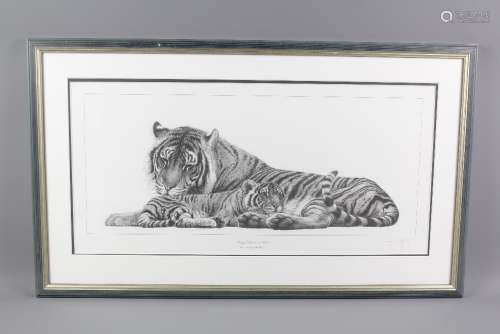 Gary Hodges Wildlife Artist (1954-  ) After a drawing entitled 'Bengal Tigeress & Cub', approx 60 w x 28 cms, framed and glazed