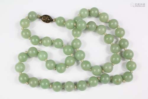 Antique Chinese Celadon Green Jade Necklace, silver filigree clasp, beads approx 10 mm each, approx 60 cms long