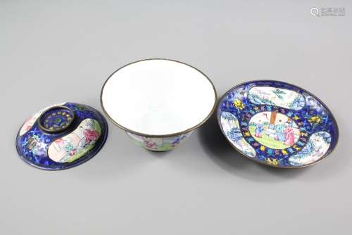 Chinese Enamel Trio, this lot includes bowl, cover and saucer, depicting figures in a courtyard setting