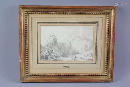 Arthur Devis (1729-1817) Pencil and Wash depicting castle ruin overlooking a rocky gorge, approx 20 x 14 cms, glazed and framed