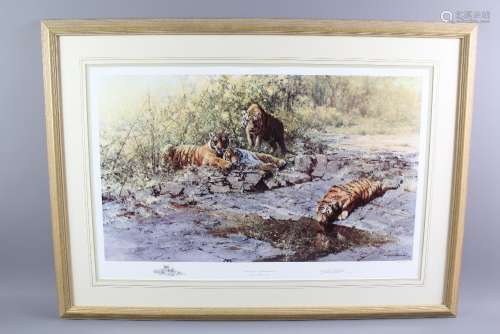 David Shepherd Wildlife Artist CBE, OBE, FGRA, FRSA Print entitled 'Tigers of Bandhavgarh' nr 186/1000, signed in the margin, with publishers blind stamp, approx 72 x 47 cms, approx 72 x 47 cms, framed and glazed