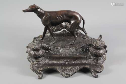 After Pierre Jules Mene (French 1810-1879) Bronze Ink Stand, with two ink pots and a grey hound, approx 27 w x 22 d x 23 h cms signed Mene