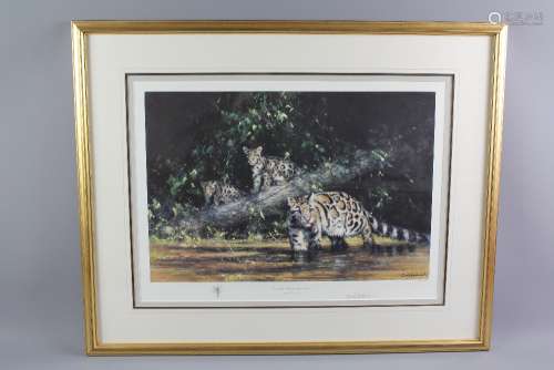 David Shepherd Wildlife Artist CBE, OBE, FGRA, FRSA Print, entitled 'Clouded Leopard and Cubs' nr 506/950, signed in the margin, approx 56 x 41 cms, framed and glazed