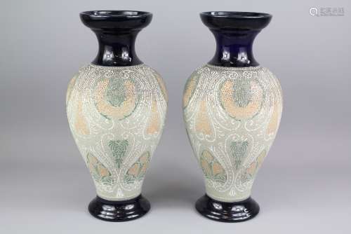 A Pair of Lovatt Langley Mill Pottery Vases , decorated with a leadless glaze - foliate design approx 30 cms, incised factory marks to base
